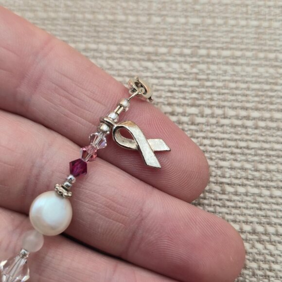 7+1 Inch Sterling Silver Pearl Breast Cancer Charm Bracelet B614 - Picture 3 of 6